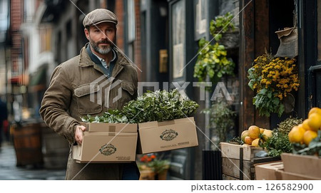 Bearded man in cap carries boxes of greenery outside flower shop 126582900