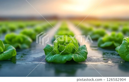 Dew-Kissed Lettuce Heads in Rows at Sunrise, Cultivated Field 126582904
