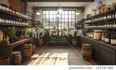 Apothecary Interior with Sunlight Streaming Through Window and D 126582906