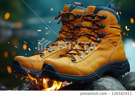 Leather hiking boots on rocks with fire sparks, adventure footwe 126582911