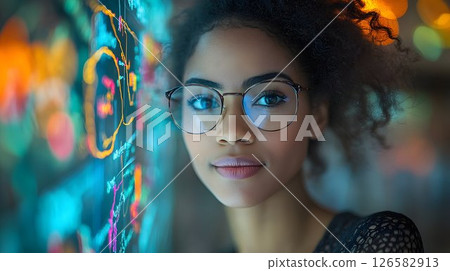Focused analyst with glasses studies financial data on a glowing 126582913