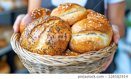 Freshly Baked Bread Rolls with Sesame Seeds in Woven Basket Held 126582914