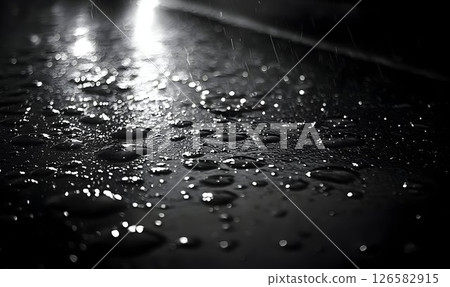 Abstract Monochrome Raindrops Reflecting Light on Dark Surface Abstract Monochrome Raindrops Reflecting Light on Dark Surface 126582915