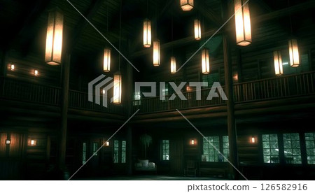 Grand Lodge Interior with Hanging Lanterns and Wooden Balconies Grand Lodge Interior with Hanging Lanterns and Wooden Balconies 126582916
