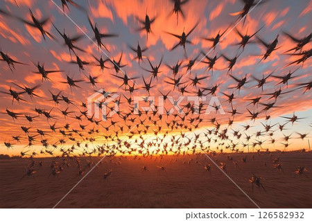Sunset Swarm: A Massive Insect-like Drone Formation at Dusk 126582932