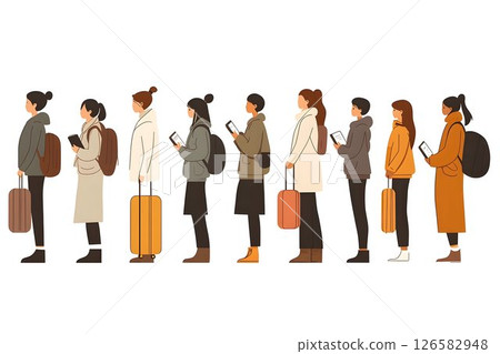 Stylized Illustration of People Waiting in Line, Holding Luggage 126582948