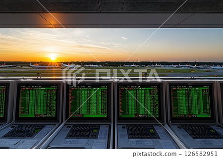 Airport Control Center at Sunset with Multiple Screens and Aircr 126582951