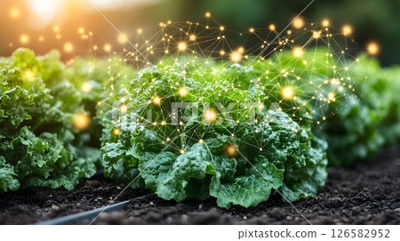 Illuminated Lettuce Crop Connected by Digital Network 126582952