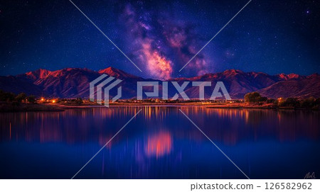 Night Sky Majesty: Milky Way over Mountain Lake Reflection Night Sky Majesty: Milky Way over Mountain Lake Reflection 126582962