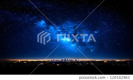City Skyline Underneath a Vivid Milky Way Galaxy City Skyline Underneath a Vivid Milky Way Galaxy 126582963