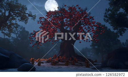 Enchanting Night Scene: Red Apple Tree and Gingerbread Men 126582972