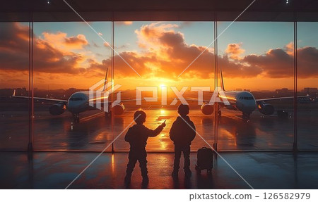 Sunset Silhouette: Two Children Await Departure at Airport 126582979