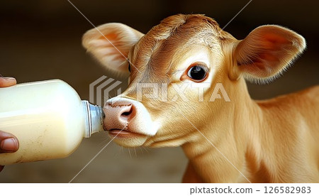 Golden Calf Drinking Milk from Bottle 126582983