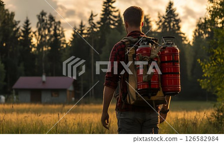 Man with Red Thermos Backpack at Sunset 126582984