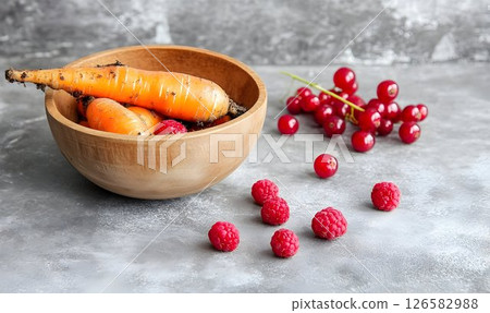 Freshly Harvested Carrots and Berries in Wooden Bowl 126582988