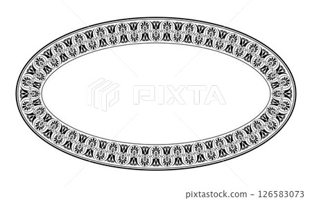 Greek oval pattern frame, border. Greek Oval porcelain plate. Patterns of Greece, ancient Rome. Decorative ornament Egyptian, assyrian, greek. For plate, textile, porcelain, embroidery, ceramic 126583073