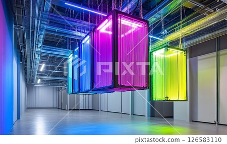 Vibrant Neon Cubes Suspended in Modern Industrial Space 126583110