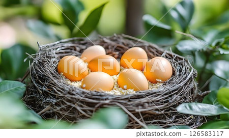 Seven Bird Eggs Nestled in Rustic Nest Amidst Lush Green Foliage 126583117