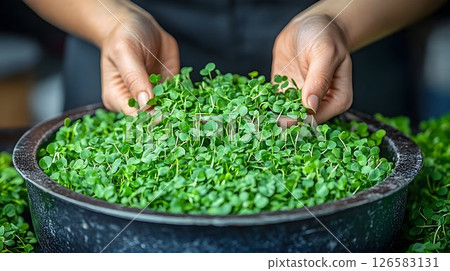 Hands Gently Cultivating Vibrant Green Microgreens in Dark Bowl 126583131