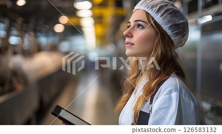 Young Woman in Factory Contemplating Tablet Data 126583132
