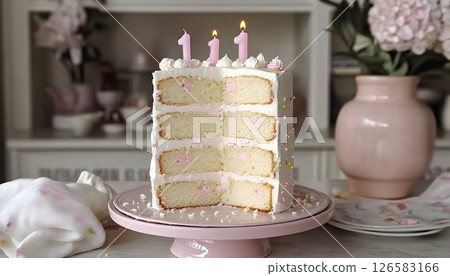 Elegant Vanilla Cake with Pink Accents and Eleven Candles Elegant Vanilla Cake with Pink Accents and Eleven Candles 126583166
