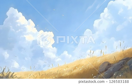 Golden Grassland Under a Bright Blue Sky with Puffy Clouds 126583188