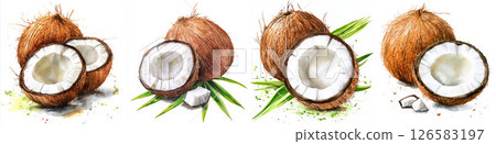 A collection of coconuts showcasing their fresh, creamy interior and natural texture. Watercolor style 126583197