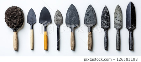 A collection of various garden trowels lined up, showcasing different designs and styles. 126583198