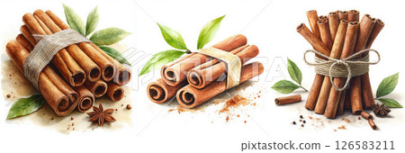 Artistic arrangement of cinnamon sticks and leaves for culinary inspiration. Watercolor style 126583211