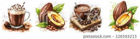 Assortment of cocoa beverages and raw cocoa pods in artistic illustration. Watercolor style 126583213