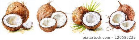 Fresh coconuts showcasing various stages, highlighting their natural texture and color. Watercolor style 126583222