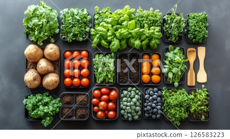 Fresh organic vegetables and herbs neatly arranged in containers on a dark surface. 126583223