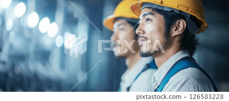 Two construction workers wearing helmets and safety gear in a modern facility. 126583228
