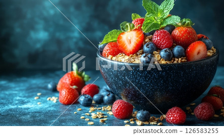 Fresh berries and granola in a bowl, garnished with mint leaves, on a vibrant surface. 126583255