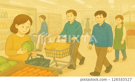 超市購物的人和店員（水彩畫） 126583527
