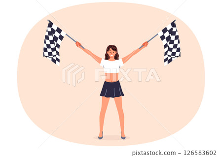 Woman holding racing flags in hands announces start extreme competition for drivers of sports cars 126583602