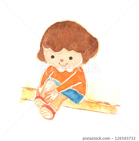 Watercolor style Child putting on shoes Childcare, education and educational materials 126583732