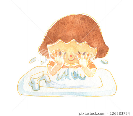 Watercolor style: Girl washing her face. Childcare, education and educational materials. Watercolor style: Girl washing her face. Childcare, education and educational materials. 126583734