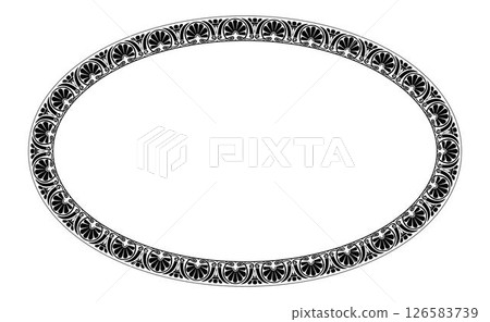 Floral oval border. Decorative vintage oval frame in Byzantium style. Elegant element for design, place for text. Lace illustration for invitation, embroidery, porcelain, ceramic, dishes, plate Floral oval border. Decorative vintage oval frame in Byzantium style. Elegant element for design, place for text. Lace illustration for invitation, embroidery, porcelain, ceramic, dishes, plate 126583739