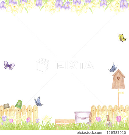 Hand drawn watercolor garden frame border with blooming flowers fence and butterflies, isolated on white background. Can be used for postcard, label, scrapbook and other printed products. Hand drawn watercolor garden frame border with blooming flowers fence and butterflies, isolated on white background. Can be used for postcard, label, scrapbook and other printed products. 126583910