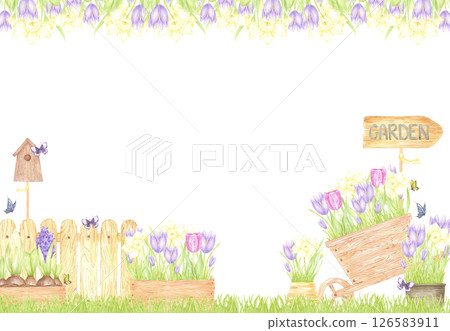 Hand drawn watercolor garden frame border with blooming flowers in boxes fence and butterflies, isolated on white background. Can be used for postcard, label, scrapbook and other printed products. Hand drawn watercolor garden frame border with blooming flowers in boxes fence and butterflies, isolated on white background. Can be used for postcard, label, scrapbook and other printed products. 126583911