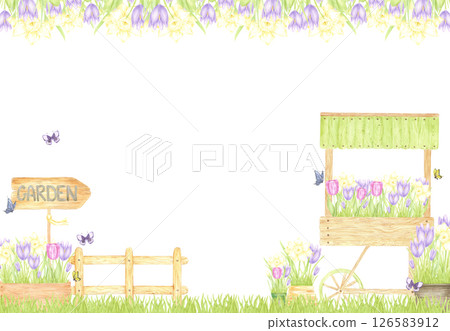 Hand drawn watercolor garden frame border with blooming flowers fence and butterflies, isolated on white background. Can be used for postcard, label, scrapbook and other printed products. Hand drawn watercolor garden frame border with blooming flowers fence and butterflies, isolated on white background. Can be used for postcard, label, scrapbook and other printed products. 126583912