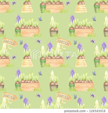 Hand drawn watercolor blooming hyacinth in pots and boxes seamless pattern, flowers isolated on green background. Can be used for textile, fabric, scrapbook and other printed products. Hand drawn watercolor blooming hyacinth in pots and boxes seamless pattern, flowers isolated on green background. Can be used for textile, fabric, scrapbook and other printed products. 126583918