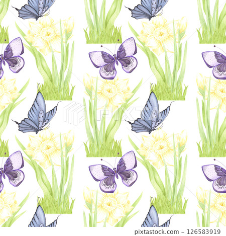 Hand drawn watercolor daffodil with green leaves with blue and purple butterflies seamless pattern isolated on white background. Can be used for textile, fabric, scrapbook and other printed products. 126583919