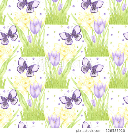 Hand drawn watercolor daffodil and crocus bouquet with butterfly and polka-dots seamless pattern isolated on white background. Can be used for textile, fabric, scrapbook and other printed products. 126583920