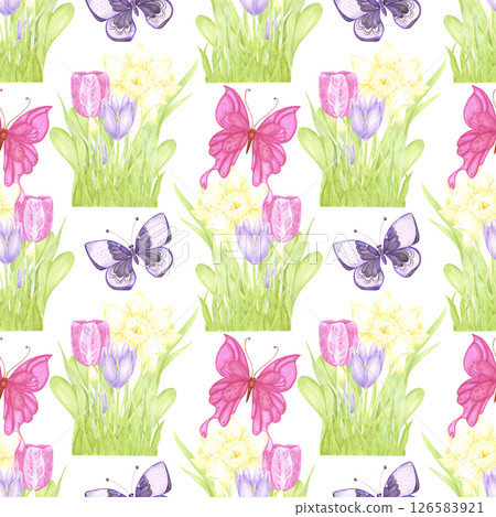 Hand drawn watercolor daffodil crocus and tulip bouquet with butterflies seamless pattern isolated on white background. Can be used for textile, fabric, scrapbook and other printed products. 126583921