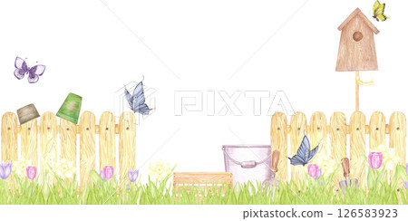 Hand drawn watercolor garden fence and tools with blooming flowers seamless border isolated on white background. Can be used for textile, postcard, scrapbook and other printed products. Hand drawn watercolor garden fence and tools with blooming flowers seamless border isolated on white background. Can be used for textile, postcard, scrapbook and other printed products. 126583923