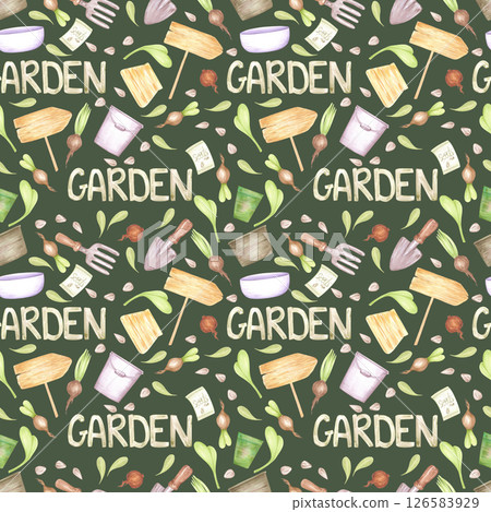 Hand drawn watercolor garden seamless pattern with pots tools and leaves isolated on dark green background. Can be used for textile, fabric, scrapbook and other printed products. 126583929
