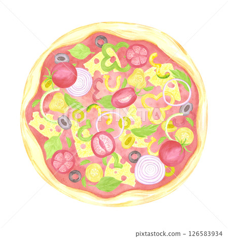 Hand drawn watercolor pizza with tomatoes pickles pepper and olives isolated on white background. Can be used for label, card, scrapbook and other printed products. 126583934