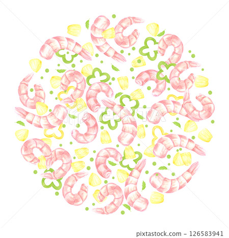 Hand drawn watercolor shrimps round frame border. Illustration of pineapple peas and pepper isolated on white background. Can be used for label, card, scrapbook and other printed products. 126583941